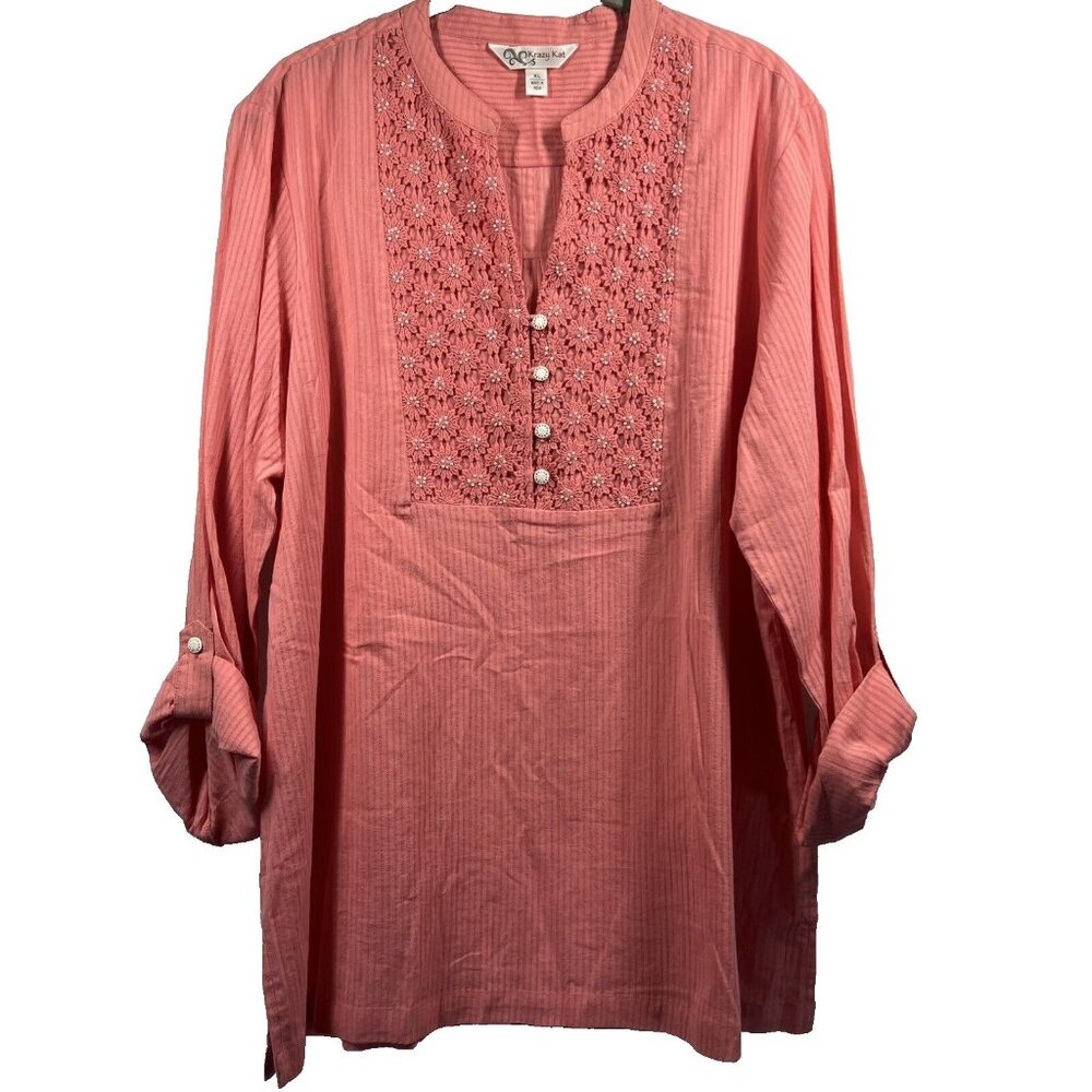 Krazy Kat Women Blouse XL Coral Cotton Roll Tab Embroidered Tunic Top Orange